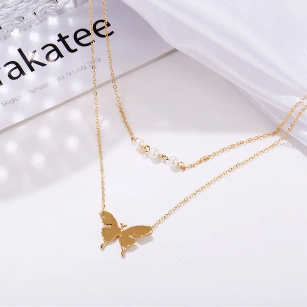Elegant Gold Color Butterfly Necklace with Faux Pearls - NWOT - Picture 4 of 7